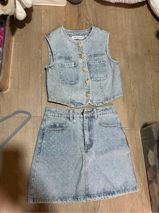 Self-Portrait Denim - Self Portrait Light Blue Denim Rhinestone Vest & Skirt Set